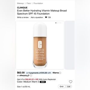 Clinque Even Better Hydrating Vitamin Makeup SPF 45 Foundation - Med Warm 3